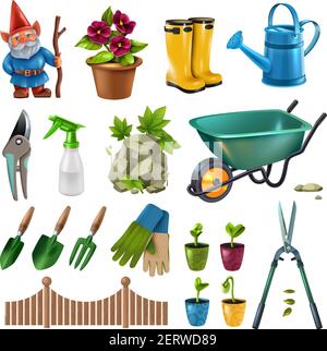 Country Cottage jardin accessoires design éléments ensemble avec taille de haie cisaille fleurs plantes plantules brouette illustration vectorielle Illustration de Vecteur