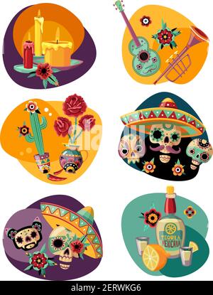 Fête de la mort 6 compositions colorées avec sucre ornementé sculpts masques bougies tequila illustration vectorielle isolée Illustration de Vecteur