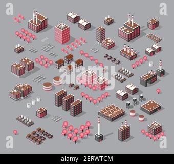Ensemble de bâtiments industriels vectoriels, d'entrepôts, d'usines, de hangars Illustration de Vecteur