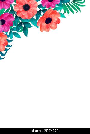 cadre fleuri, coin de style tropical tendance. Design vertical avec de belles fleurs tropiques et espace de copie sur fond blanc. Invitation, mariage gre Illustration de Vecteur
