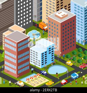 Illustration 3D isométrique du quartier de la ville avec maisons Illustration de Vecteur
