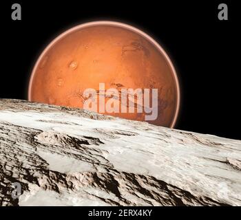 Vue de Mars vue de Phobos, Deimos les deux lunes de Mars, satellites naturels en orbite autour de la planète Rouge. Exploration. Découvertes. rendu 3d Banque D'Images