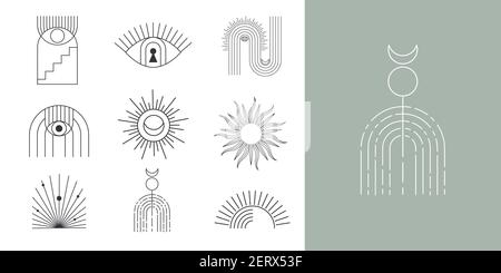 Logos, icônes et symboles linéaires de Bohême, modèles de Sun design, éléments géométriques abstraits design pour la décoration. Illustration de Vecteur