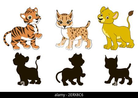 Trouvez l'ombre correcte, jeu éducatif pour les tout-petits, lion de dessins animés, lynx et tigre sur un fond blanc, illustration vectorielle Illustration de Vecteur