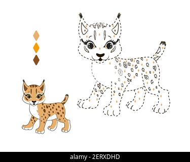 Petit lynx, livre de coloriage par nombres, par couleur pour les enfants.Illustration vectorielle en style de dessin animé, art de ligne isolé, trait en pointillés Illustration de Vecteur