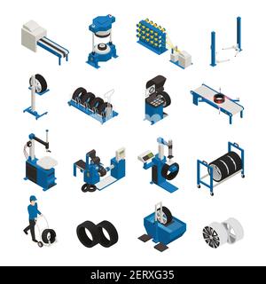 Icônes isométriques de production de pneus avec équipement industriel pour la fabrication et entretien de l'illustration vectorielle isolée de roue automobile Illustration de Vecteur