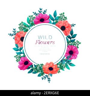 Cadre en forme de cercle fleuri. Modèle tendance de fleurs tropicales. Été Design avec de belles fleurs et des feuilles avec espace de copie sur fond blanc. Illustration de Vecteur