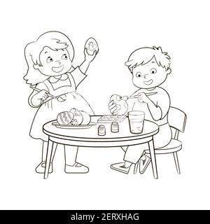 Les petits enfants, un garçon et une fille peignent des œufs de Pâques tout en étant assis à une table ronde. Livre de coloriage, illustration vectorielle, croquis noir et blanc, Illustration de Vecteur