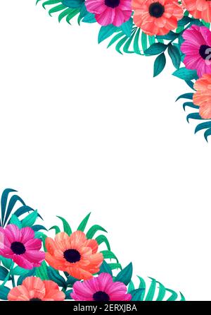 cadre fleuri, design d'angle tendance. Design vertical avec belles fleurs tropicales et espace de copie sur fond blanc. Invitation, voiture de mariage Illustration de Vecteur