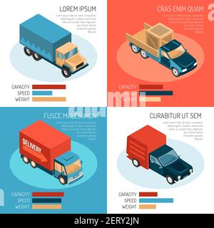 Concept de conception bigéométrique coloré 2x2 avec différents véhicules de livraison leur capacité vitesse et poids illustration du vecteur 3d isolé Illustration de Vecteur