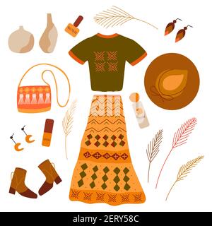 Ensemble d'éléments de vêtements, de cosmétiques, d'accessoires de style boho. Imprimé scandinave et formes abstraites. Jupe longue, chapeau et t-shirt, sac et stylets Illustration de Vecteur