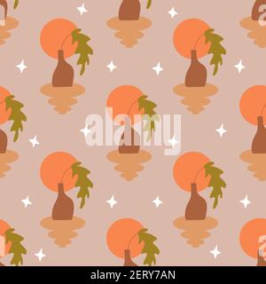 Formes abstraites sans couture et plante dans un vase et un fond violet étoiles. Art moderne et tendance. Illustration vectorielle boho colorée wrappi dessiné à la main Illustration de Vecteur