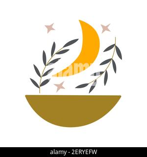 Art abstrait croissant de lune dans un bol, brindilles avec des feuilles et des étoiles. Composition de fond blanc. Art moderne et tendance. Illustration vectorielle boho colorée Illustration de Vecteur