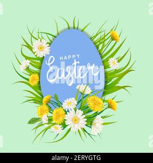 Happy Easter Eagg modèle de lettrage bannière pissenlits et pâquerettes, herbe, fond floral. Affiches, prospectus et cartes de vœux pour illustrations vectorielles Illustration de Vecteur