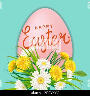 Happy Easter Eagg modèle de lettrage bannière pissenlits et pâquerettes, herbe, fond floral. Affiches, prospectus et cartes de vœux pour illustrations vectorielles Illustration de Vecteur