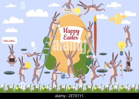 Ensemble de jolis personnages de dessin animé de Pâques et éléments de design. Lapin de Pâques, œufs et fleurs. Illustration vectorielle. Illustration de Vecteur