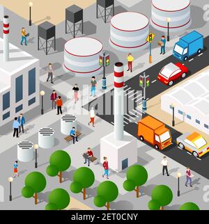 Illustration 3D isométrique du quartier de la ville avec maisons Illustration de Vecteur
