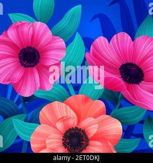 Fond tropical lumineux avec fleurs roses et corail. Magnifiques anémones et feuilles sur fond bleu. Illustration de Vecteur
