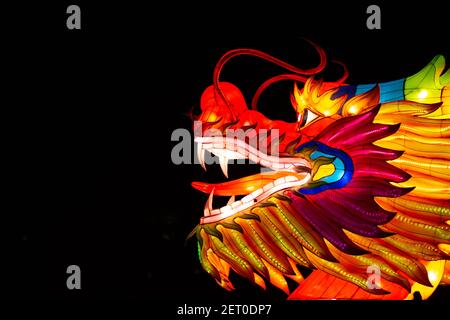 Le Festival des lanternes chinoises au parc de Limanski à Novi Sad. Une tête du dragon chinois, également connu sous le nom de Loong, long ou Lung. Banque D'Images