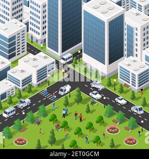 Illustration 3D isométrique du quartier de la ville avec maisons Illustration de Vecteur