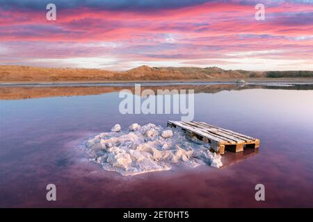 Cristaux de sel dans l'eau rose lac de sel en Ukraine, Europe. Photographie de paysage Banque D'Images