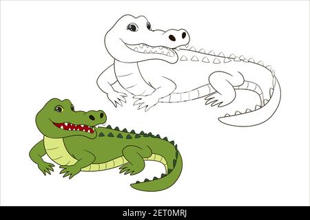 livre de coloriage crocodile vert par chiffres, par couleur pour les enfants. illustration vectorielle de style dessin animé, art de ligne isolé, ligne pointillée Illustration de Vecteur
