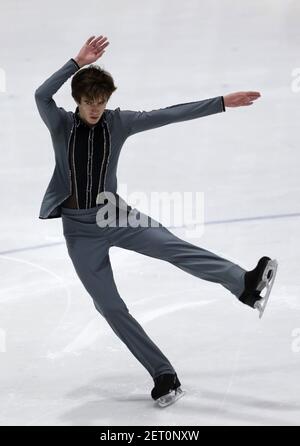 Sofia, Bulgarie - 28 février 2021 : Mikhail Shaidorov du Kazakhstan se produit dans la catégorie de patinage gratuit senior du Sofia Trophy Internationa Banque D'Images