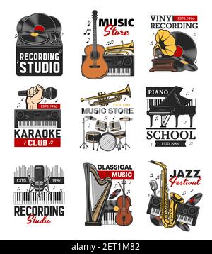 Musique icônes isolées avec instruments de musique vectoriels, microphones, disques vinyles et gramophone vintage. Piano, batterie, guitare et saxophone, enregistrement pla Illustration de Vecteur