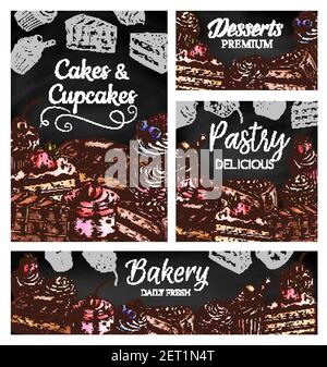 Affiches vectorielles de gâteaux et de cupcakes avec pâtisseries, desserts et pâtisseries sur tableau noir. Muffins au chocolat doux et tartes à la crème de fruits et aux baies Illustration de Vecteur