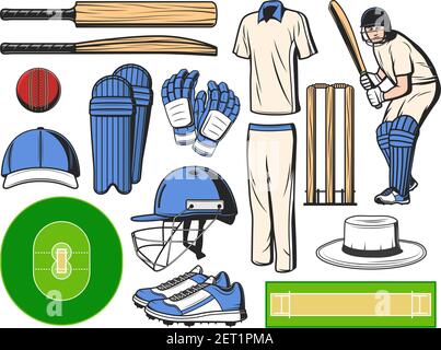 Équipement de cricket, icônes de sport du ballon, de la batte et du cricket, objets de jeu vectoriel. Équipement de cricket et accessoire de vêtement de joueur, terrain de stade, protection h Illustration de Vecteur