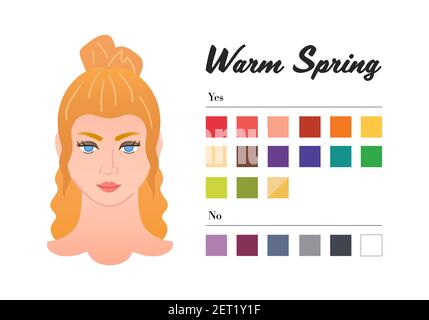 12 saisons types de couleur pour femme - Type de printemps chaud. Couleur parfaite pour votre garde-robe. Ne pas utiliser et ne pas utiliser les couleurs dans l'analyse de saison 12 Illustration de Vecteur
