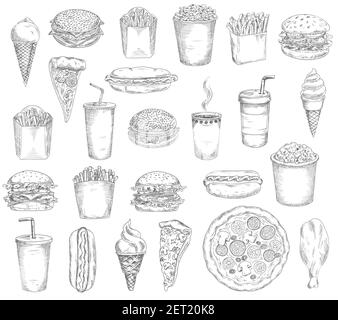 Restauration rapide, boissons et en-cas croquis. Hamburger, hot dog et tacos, frites et seau à pop-corn, pizza, pilon de poulet et thé chaud Illustration de Vecteur