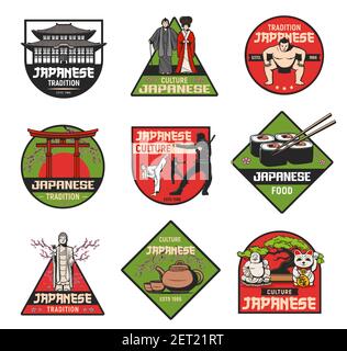 Culture et traditions japonaises vecteur icônes rétro. Japon célèbres monuments, visites, attractions touristiques, architecture et costumes. Histo asiatique Illustration de Vecteur