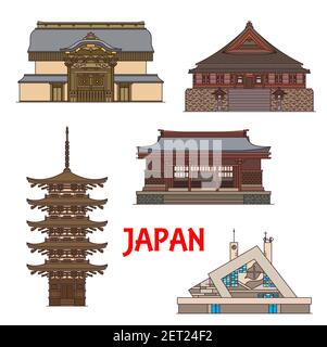 Monuments japonais, temples et architecture de pagodes, tours et bâtiments de voyage japonais. Japon monuments Eihei-ji temple à Fukui, Yamaguchi Xavier me Illustration de Vecteur