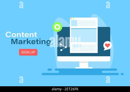Marketing de contenu, publicité numérique, marketing de site Web, marketing de médias sociaux - illustration vectorielle de conception plate conceptuelle avec icônes et textes Illustration de Vecteur