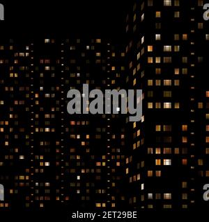 Fenêtres de bâtiments en or illuminant la nuit sur fond noir. Ville nuit paysage, vue. Bâtiments élevés, fenêtres lumineuses. Arrière-plan géométrique abstrait Illustration de Vecteur