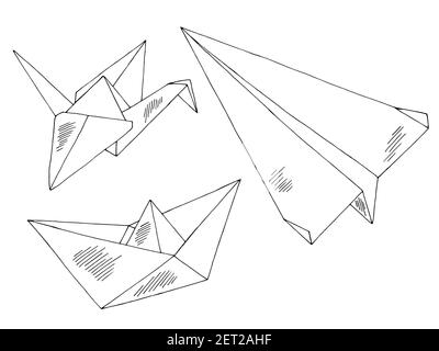 Origami papier navire avion grue graphique noir blanc ensemble isolé vecteur d'illustration d'esquisse Illustration de Vecteur