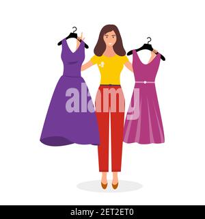 Fille essayant de s'habiller dans un magasin de vêtements. Shopping. Une femme achète une belle robe tendance. Isolé sur fond blanc. Illustration vectorielle. Illustration de Vecteur