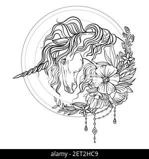 Tête de la licorne en profil avec une longue minière en forme de fleur. Illustration de contour noir et blanc vectoriel isolé pour pages de livre à colorier, design, Illustration de Vecteur