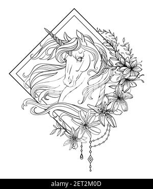 Tête de la licorne en profil avec une longue minière en forme de fleur. Illustration de contour noir et blanc vectoriel isolé pour pages de livre à colorier, design, Illustration de Vecteur