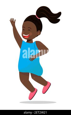 Joyeux enfant africain de l'école portant la robe bleue et le saut. Le personnage de dessin animé a du plaisir, des courses, des sauts, des jeux. Vecteur d'illustration fille afro isolé sur le blanc Illustration de Vecteur