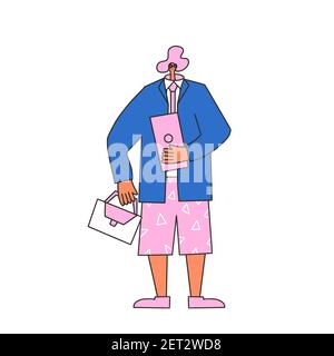 Concept loisirs. Équilibre entre vie professionnelle et vie privée. Nomade numérique. Vector personne plate avec ordinateur portable et étui. Homme vêtu de shorts et de lunettes de soleil. Illustration de Vecteur