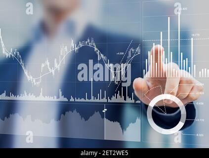 Gestionnaire de portefeuille et d'actifs financiers analysant les statistiques et les indicateurs de placement sur le tableau de bord des produits de négociation. Stratégie commerciale et financière Banque D'Images