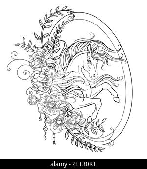 Tête de la licorne en profil avec une longue manie en cadre floral abstrait. Illustration vectorielle de contour noir et blanc isolé pour les pages de livre à colorier Illustration de Vecteur