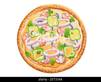 Pizza savoureuse avec salami herbes champignons et fromage italien rapide illustration du vecteur repas alimentaire isolée sur fond blanc Illustration de Vecteur