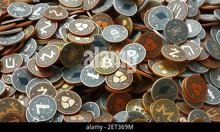 Milan, Italie : 26 février 2021 : monnaie de chiffrement. Beaucoup de pièces, Bitcoin, EOS, Dash, Litecoin, NEM, Ripple, Ethereum, Monero, Stratis, Zcash. 3d Banque D'Images