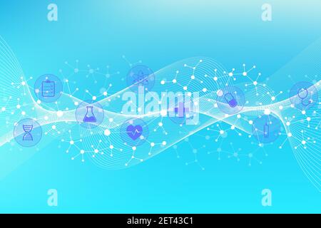Résumé Contexte médical de soins de santé avec des icônes. Concept de réseau de technologie médicale. Lignes et points connectés, le débit de l'onde, les molécules, l'ADN. Medical Banque D'Images