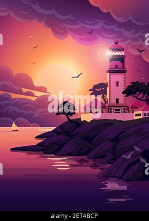 Phare - paysage vectoriel. Paysage de mer avec balise sur la falaise au coucher du soleil. Illustration vectorielle de style dessin animé plat. Illustration de Vecteur