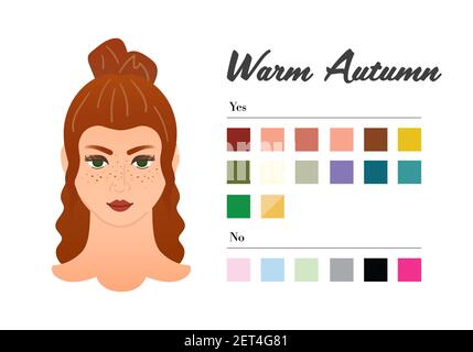 12 saisons types de couleurs pour femme - Type automne chaud. Couleur parfaite pour votre garde-robe. Ne pas faire et ne pas les couleurs dans l'analyse de saison 12, oui et pas de base swa Illustration de Vecteur