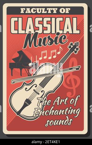 École de musique classique ou faculté d'université. Grand piano et violon avec arc, notes, fente d'aigus gravée vecteur. Cours de formation à l'école d'art de la musique, Uni Illustration de Vecteur